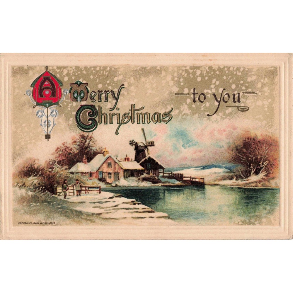 Vintage 1910 John Winsch Merry Christmas Postcard Winter Scene Windmill Germany - Picture 1 of 2